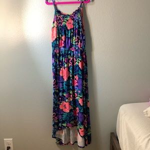Ankle-length floral sun dress.